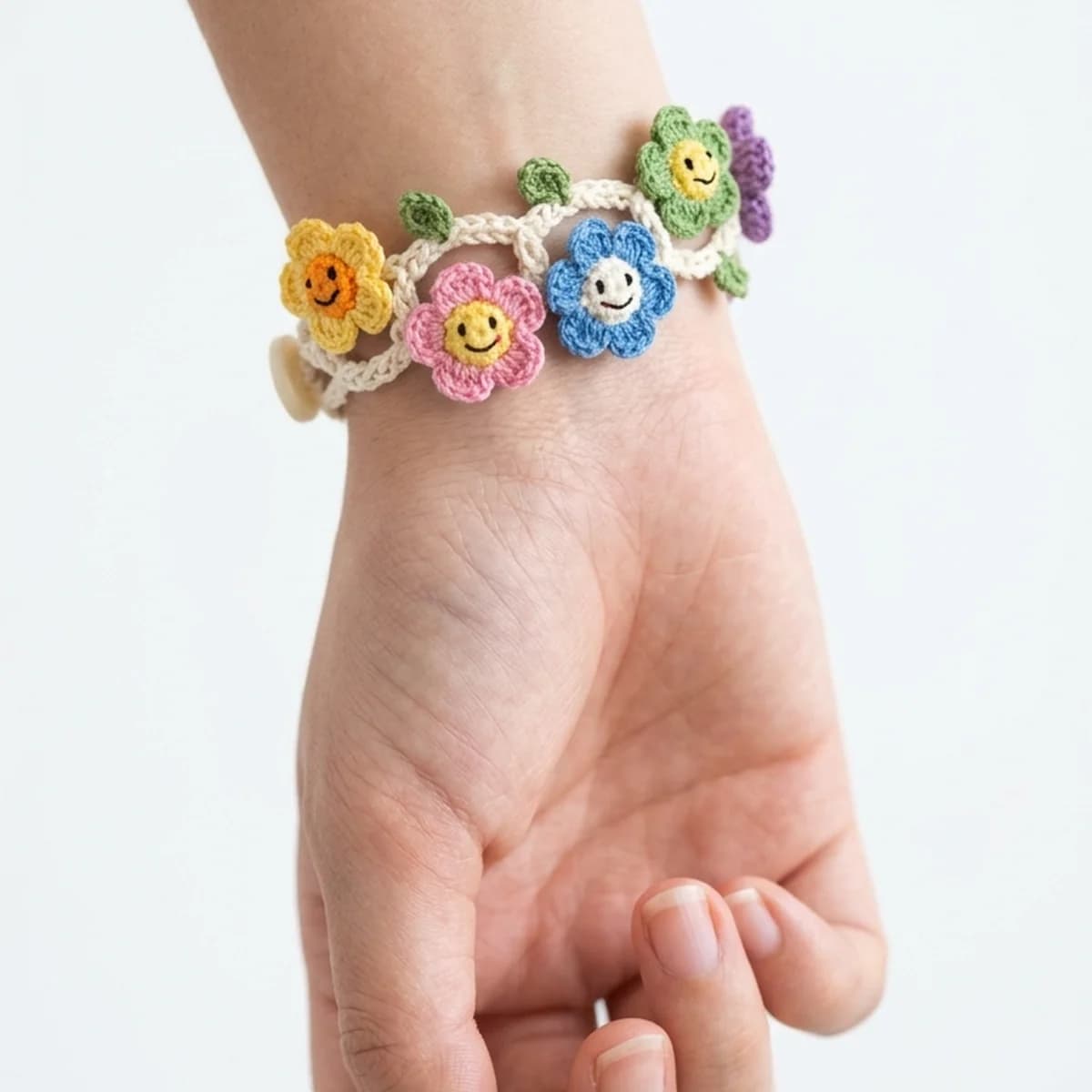 Gehäkeltes Blumenarmband in Pastellfarben am Handgelenk getragen