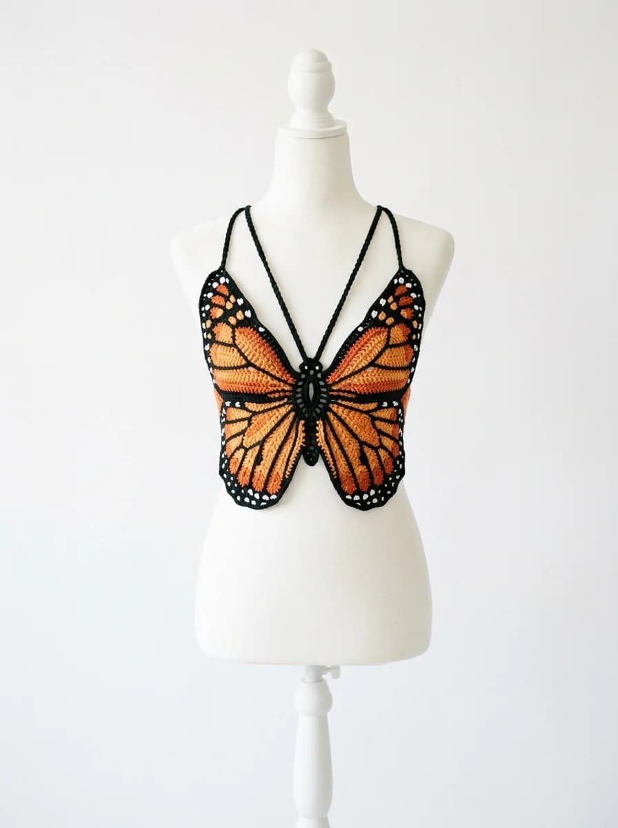 Handmade butterfly crochet top on a display mannequin