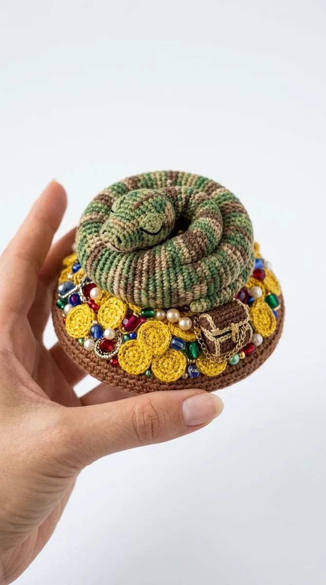 Handmade crochet python snake coiled and sleeping on a miniature treasure chest