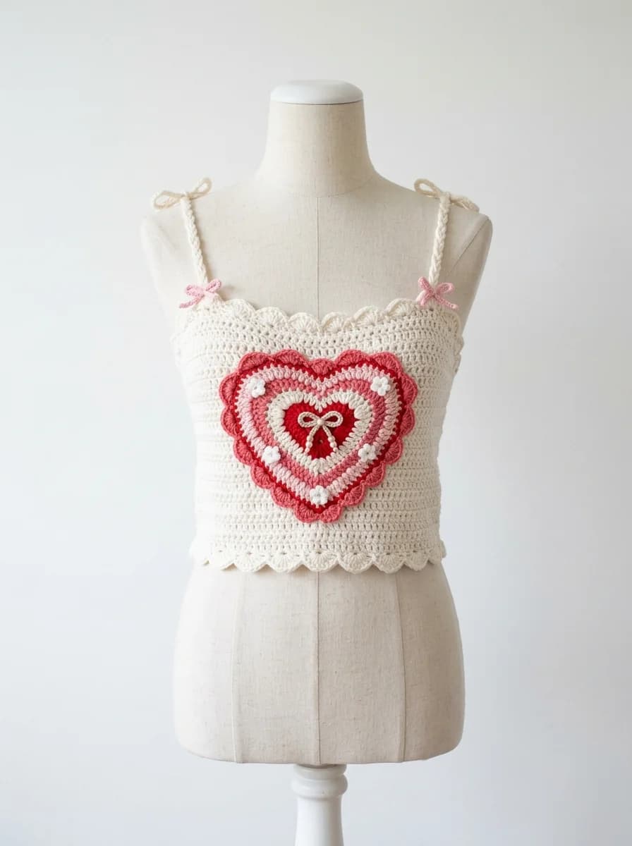 Adorable handmade kawaii heart crochet top in pink and red colors