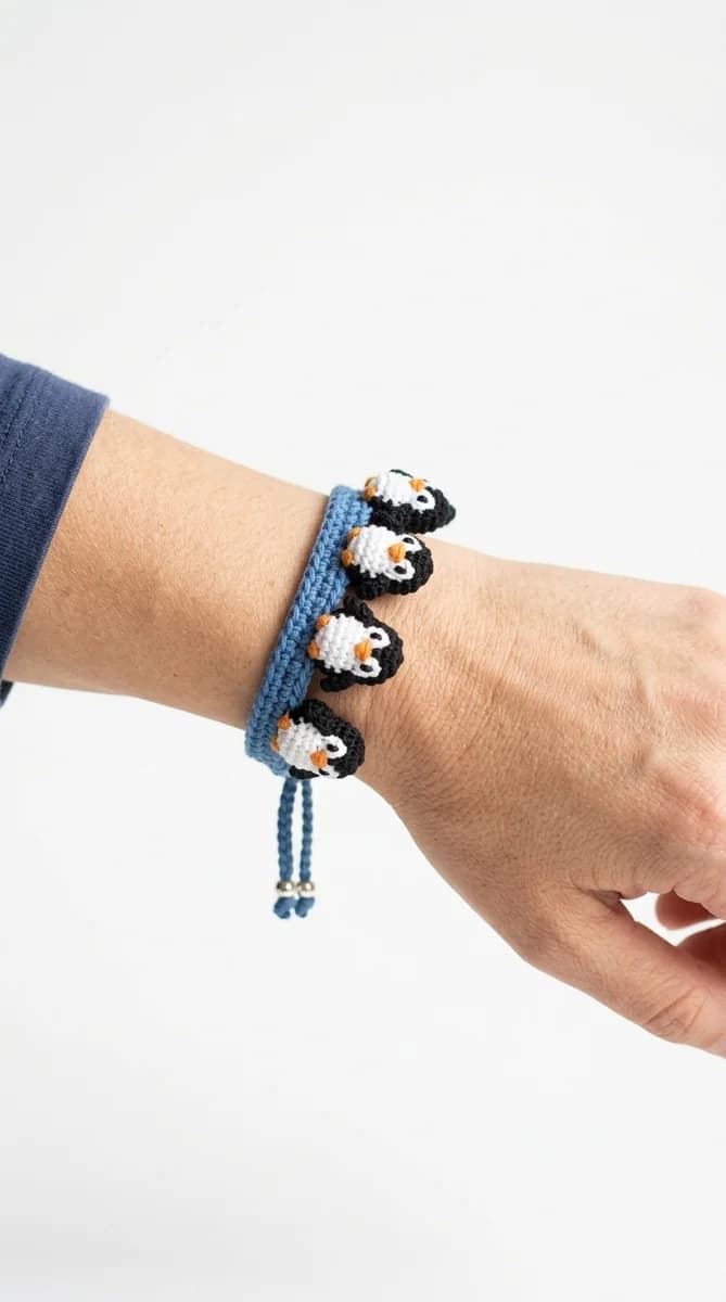 Cute handmade penguin crochet bracelet worn on a wrist