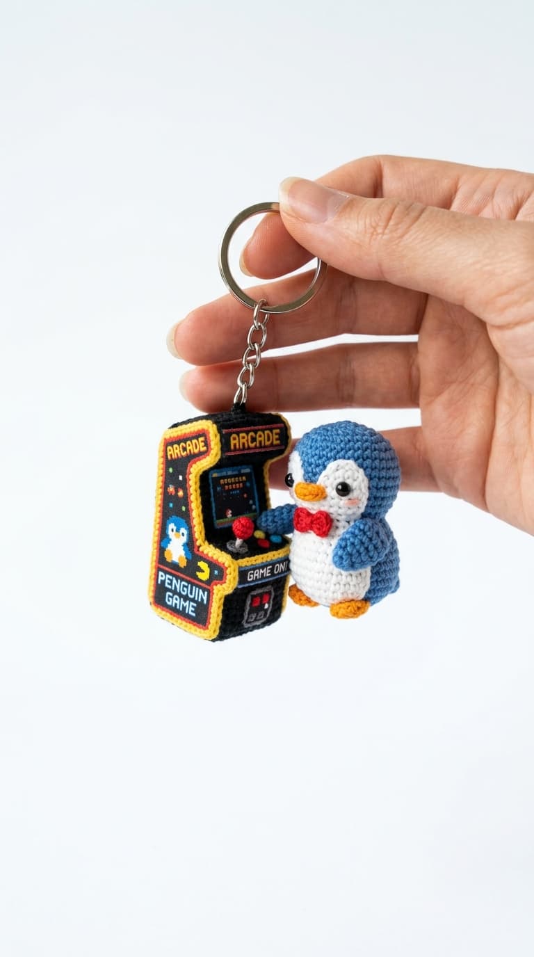 Crochet penguin amigurumi playing an arcade machine