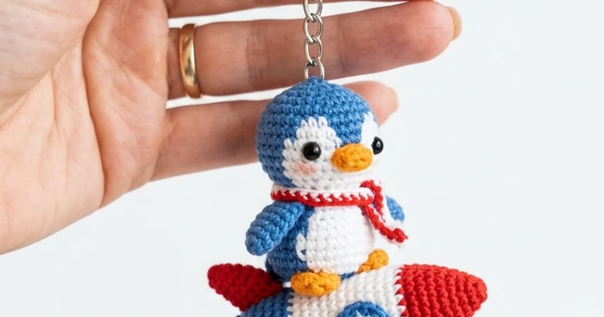 Amigurumi pingüino astronauta a crochet sobre cohete rojo y azul — llavero artesanal