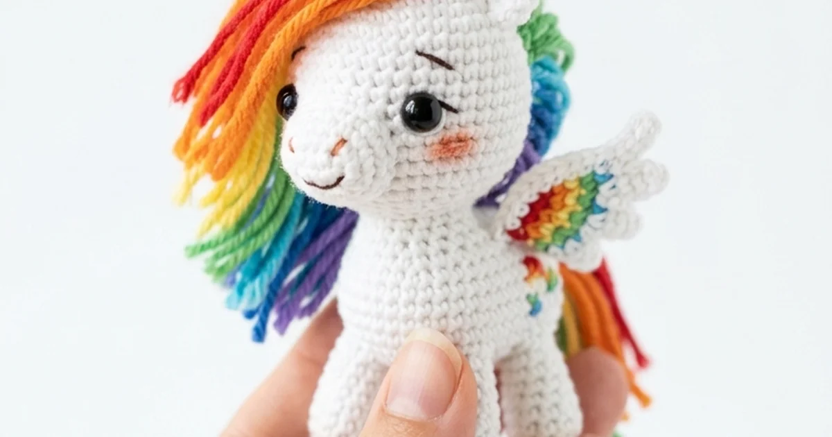A handmade pegasus crochet amigurumi held in hand