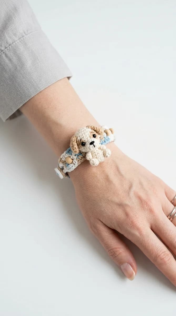 Handmade crochet dog bracelet with puppy head and floppy ears on a child's wrist
