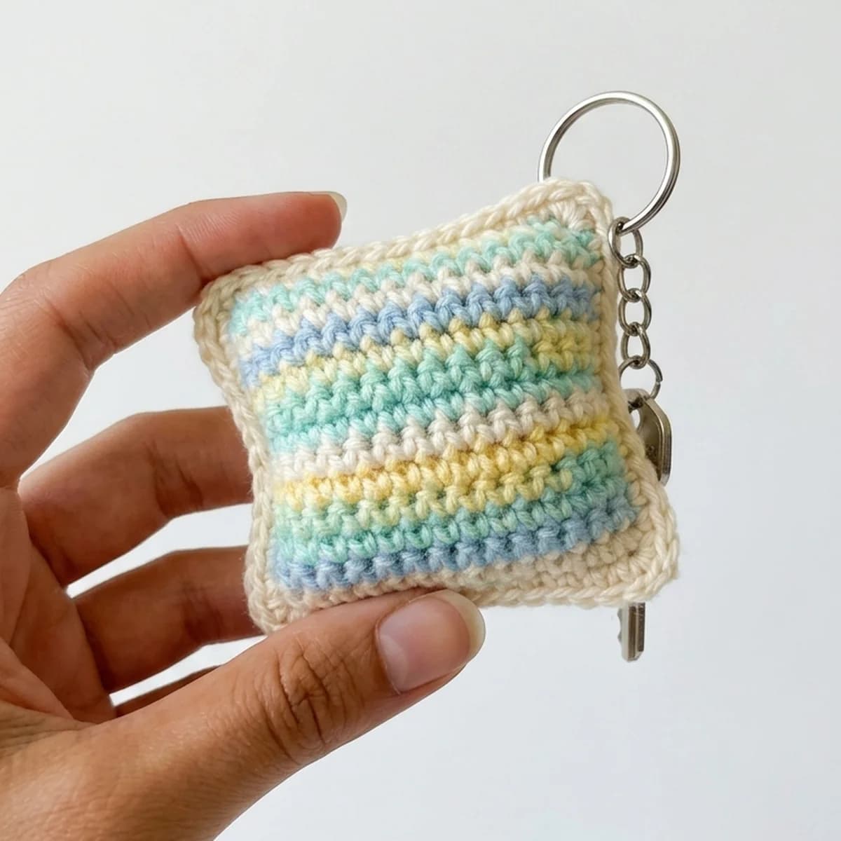 Llavero cojin crochet artesanal hecho a mano sostenido en la mano