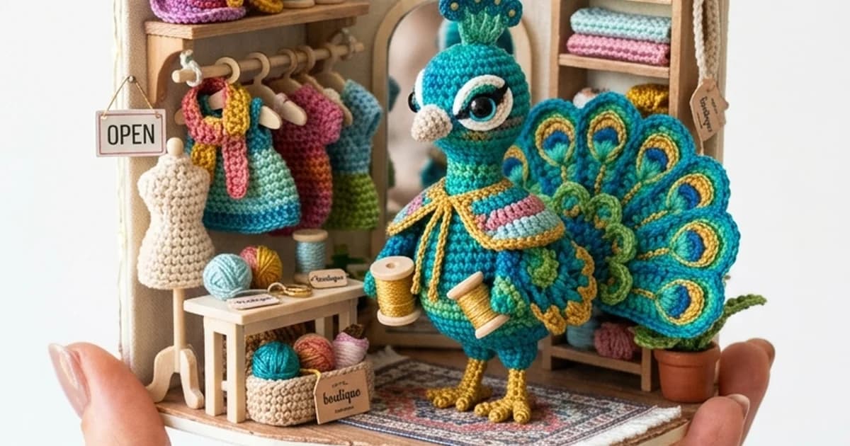 Gehäkelte Pfau Modeboutique Amigurumi Diorama-Szene mit Mini-Kleidern und Garnrollen
