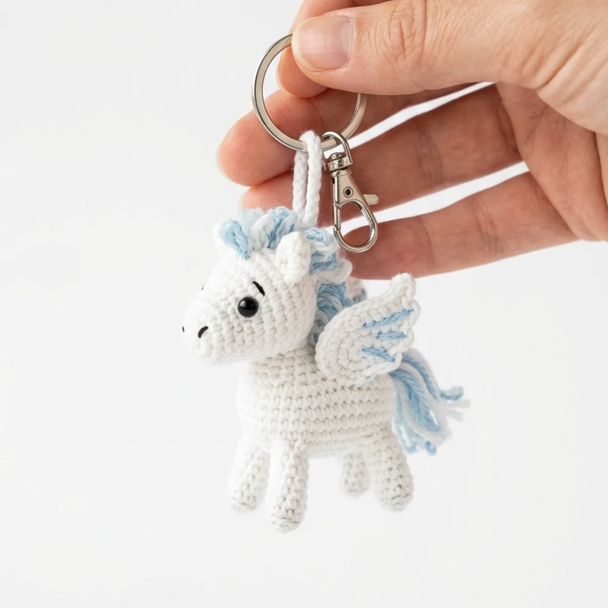 White and gold crochet pegasus amigurumi keychain held in hand