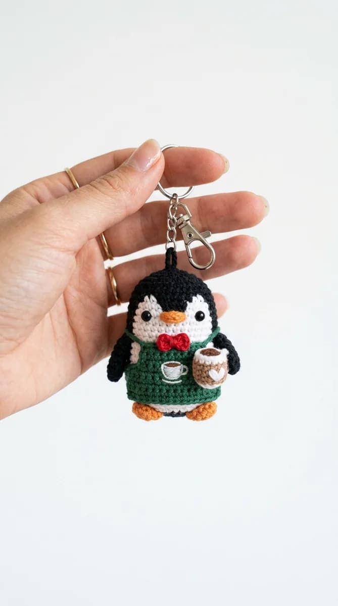 Penguin barista crochet keychain amigurumi holding tiny coffee cup