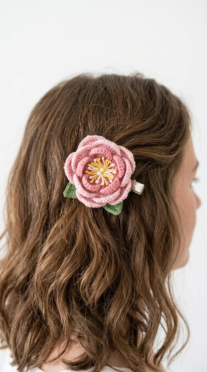 Beautiful pink peony crochet hair clip handmade accessory