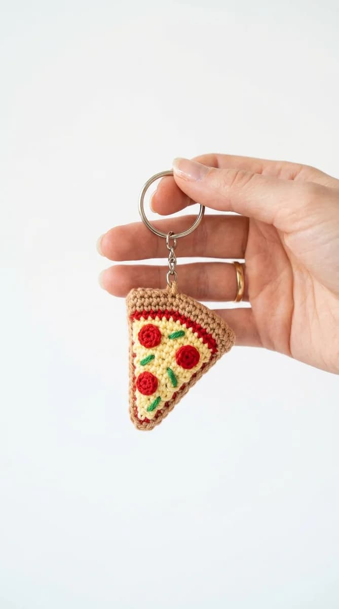 A handmade pizza crochet keychain on a clean white background