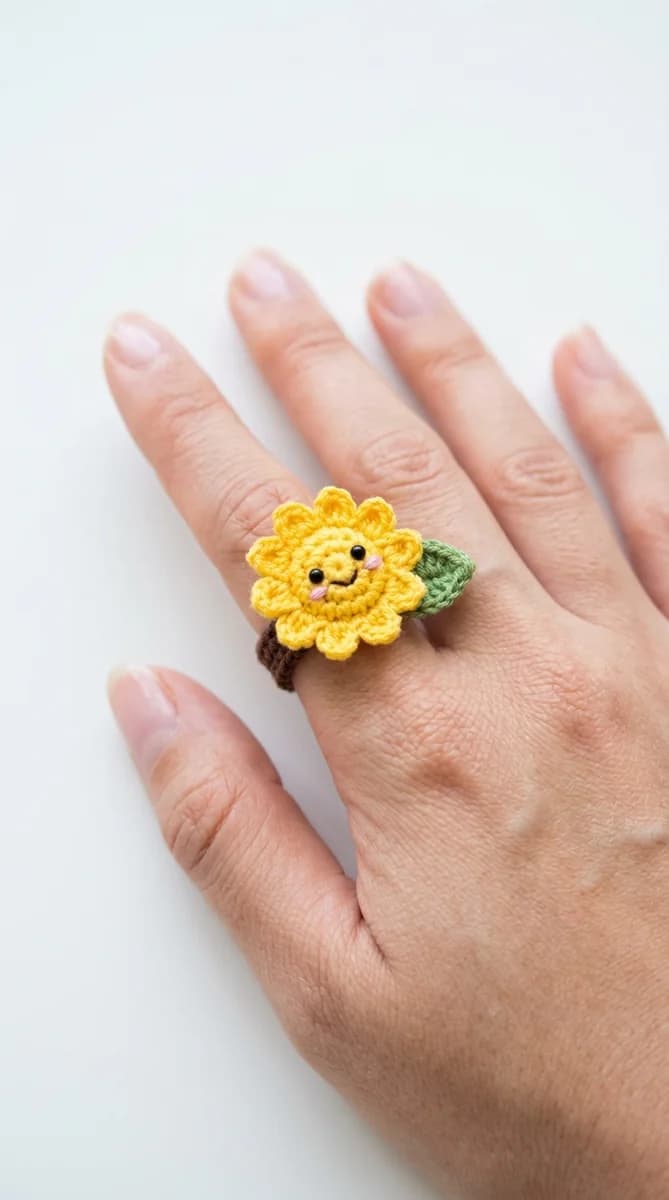 Beautiful handmade sunflower crochet ring worn on a finger