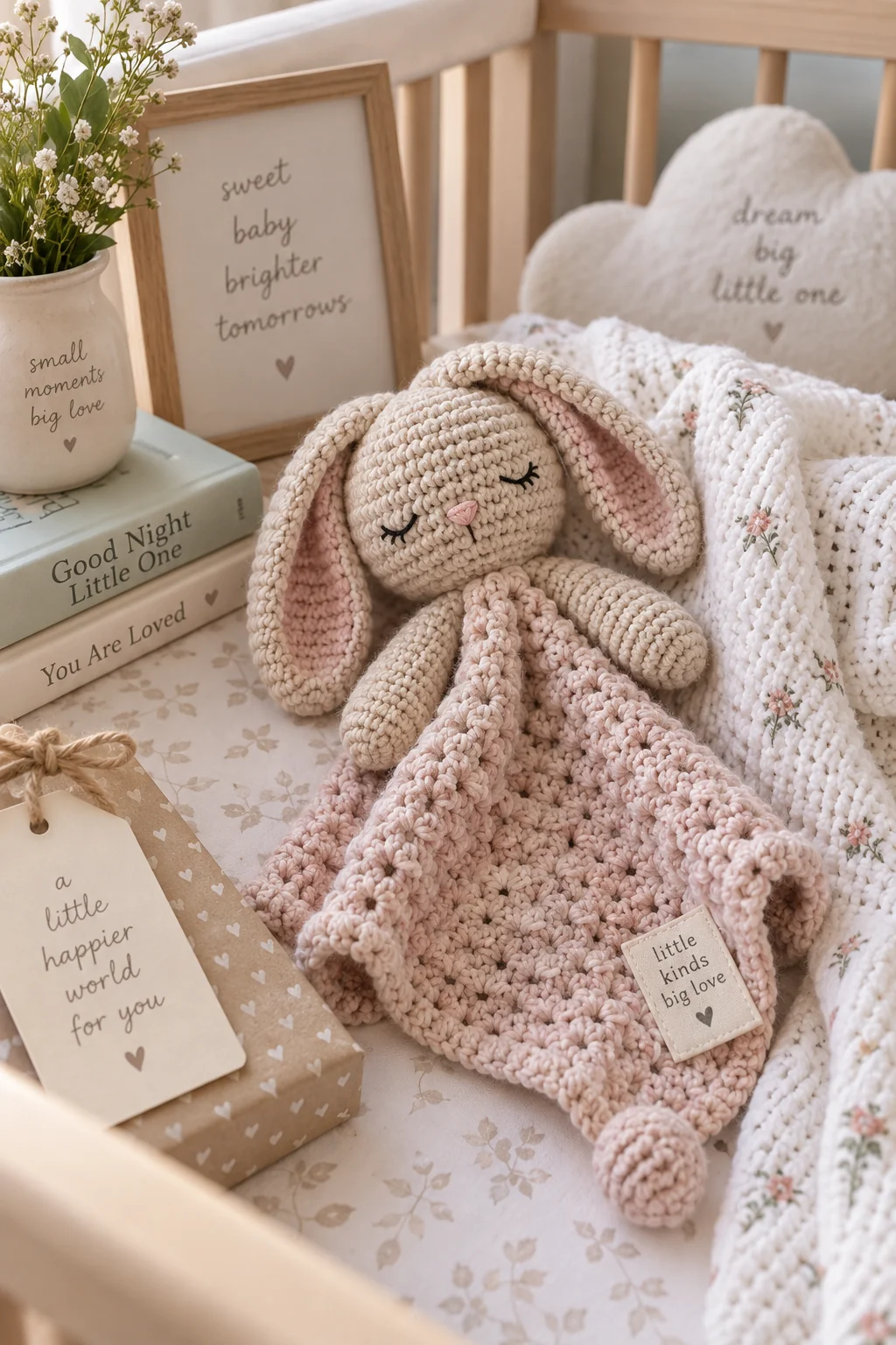 Cream crochet bunny with long pink-lined floppy ears and sleeping eyes, its head attached to a pink bobble blanket body, on a nursery chair