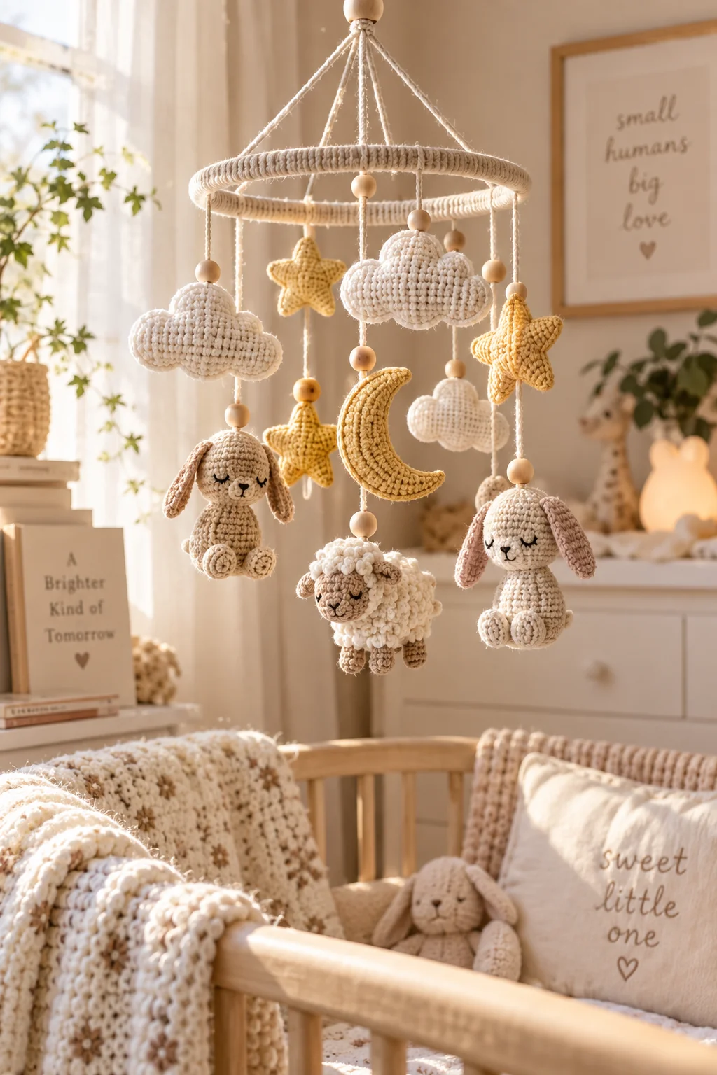 Crochet crib mobile with sleepy bunnies, a fluffy sheep, a crescent moon, stars and clouds hanging from a crocheted ring with wooden beads