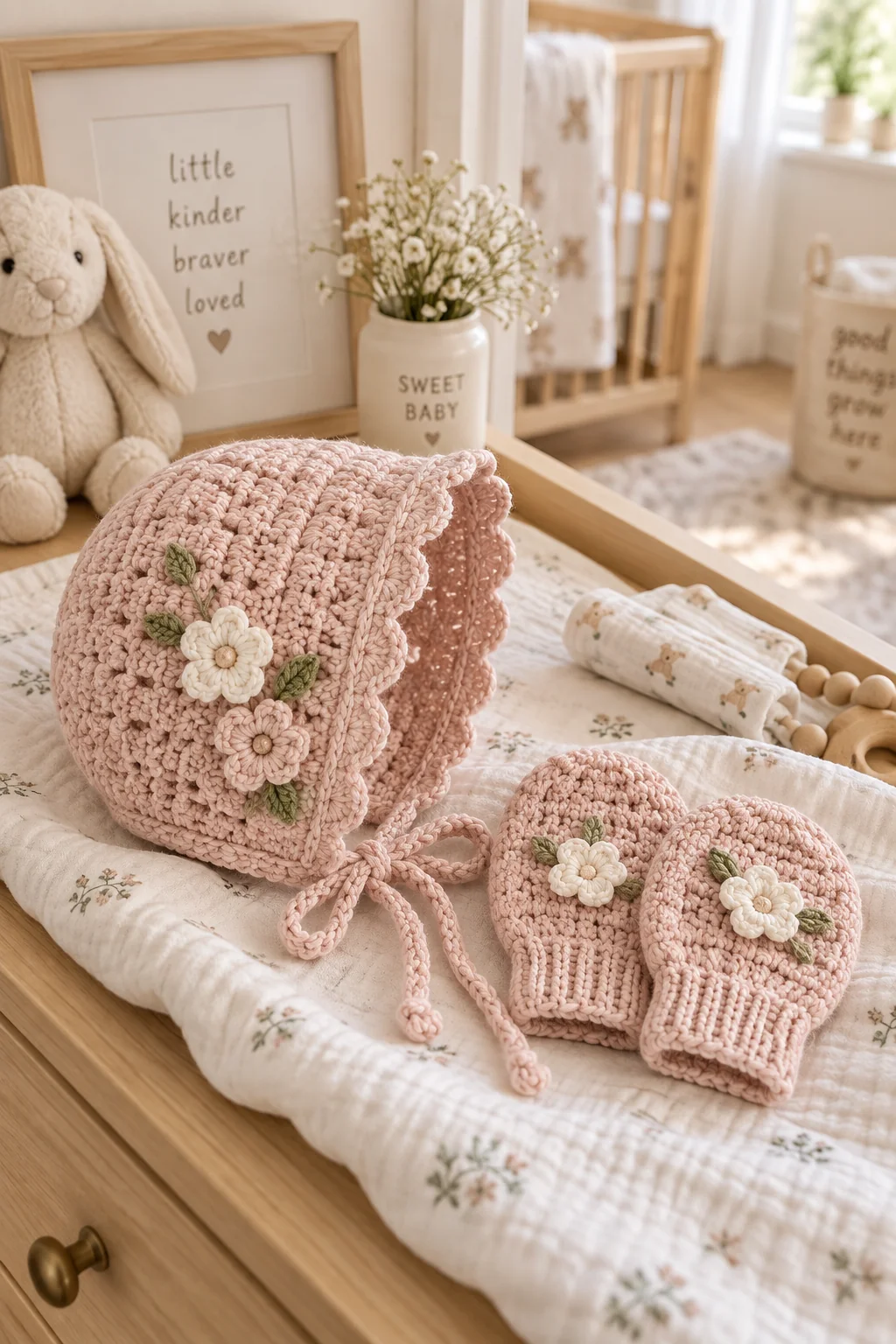 Dusty pink crochet baby bonnet with scalloped edge and embroidered flowers, with matching mittens, laid on a floral muslin blanket