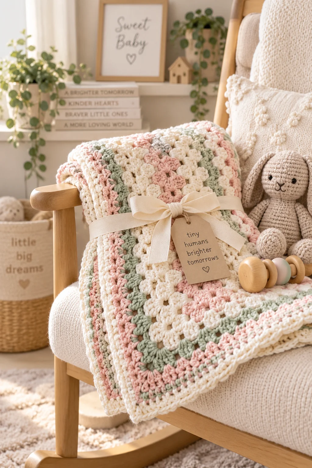 Crochet granny-square baby blanket in cream, blush pink and sage green, folded on a rocking chair and tied with a ribbon and a kraft gift tag
