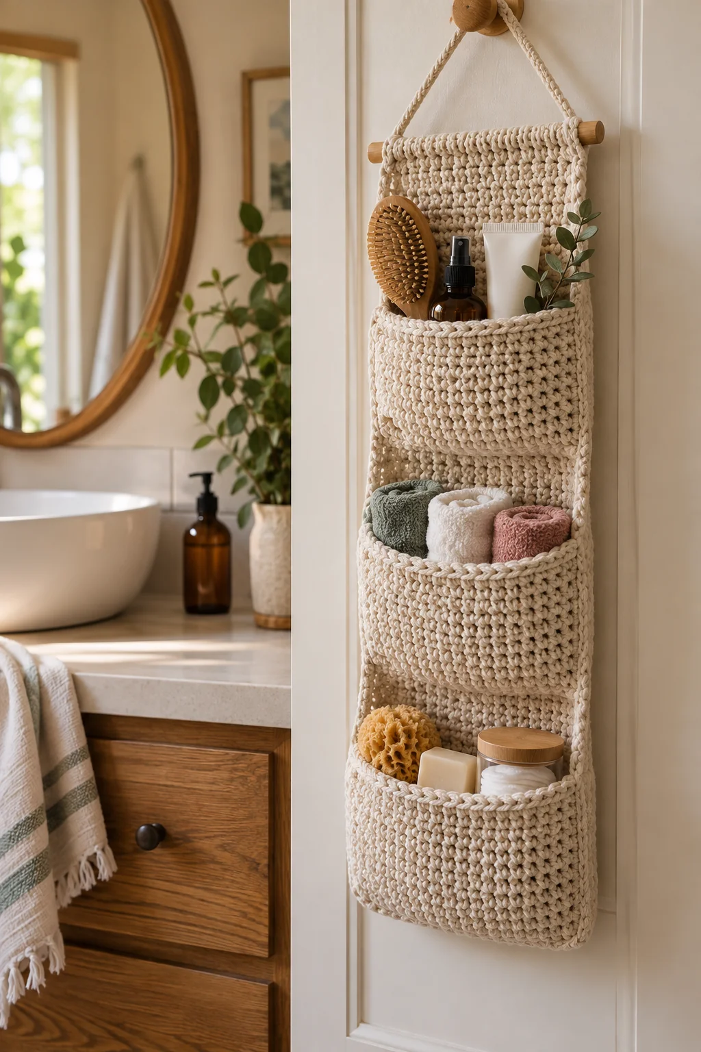 Tall cream crochet organizer with three pockets on a wooden dowel hanging on a bathroom door, holding towels, bottles, a brush and a sponge