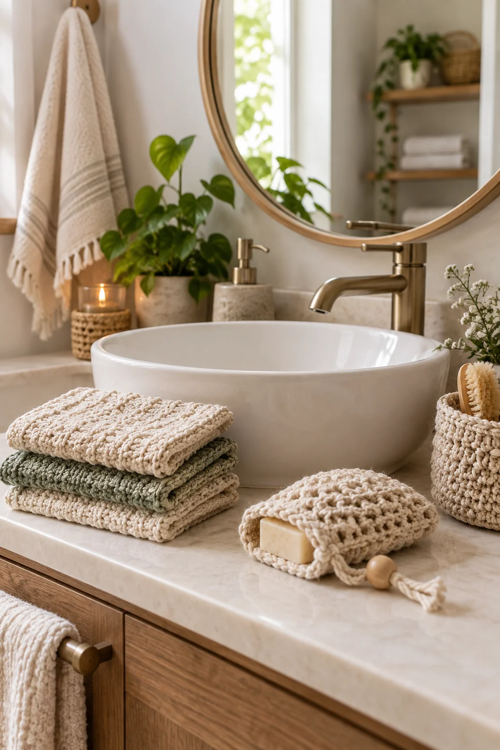 Stack of cream and sage crochet washcloths beside a cream mesh soap saver bag with a wooden bead drawstring on a bathroom counter
