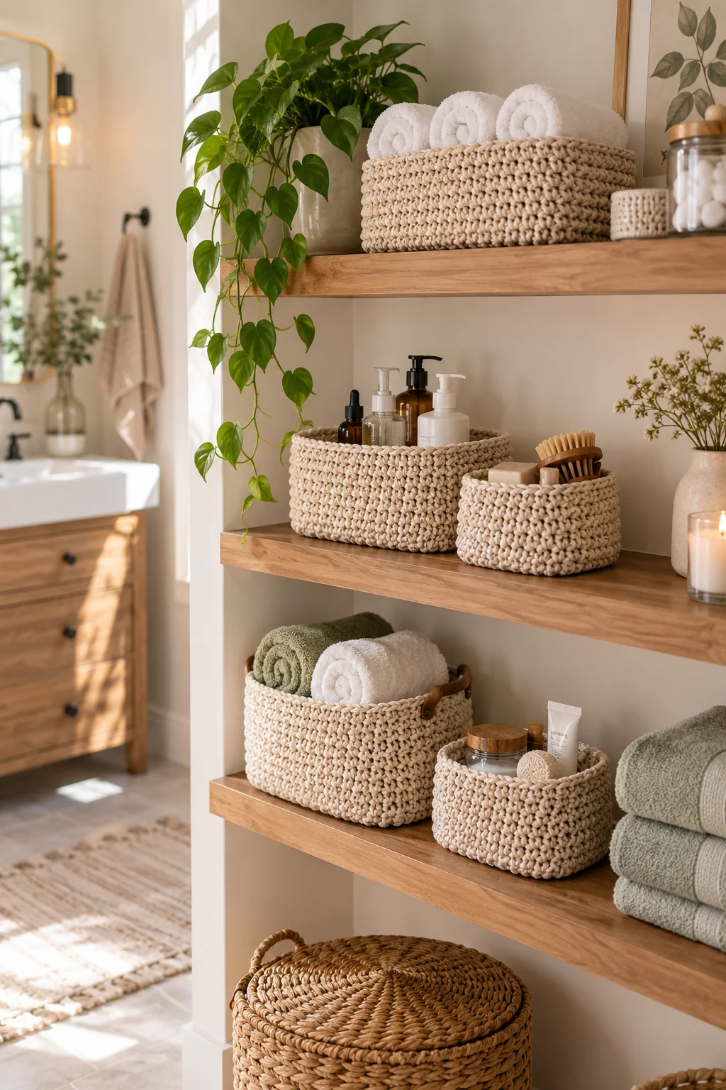 Assorted chunky beige crochet baskets in different sizes with wooden handles, organizing towels and toiletries on wooden bathroom shelves