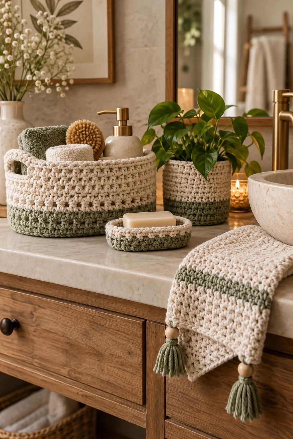 Cream and sage crochet spa set with a large handled basket, a soap dish and a tasseled hand towel, arranged on a wooden vanity