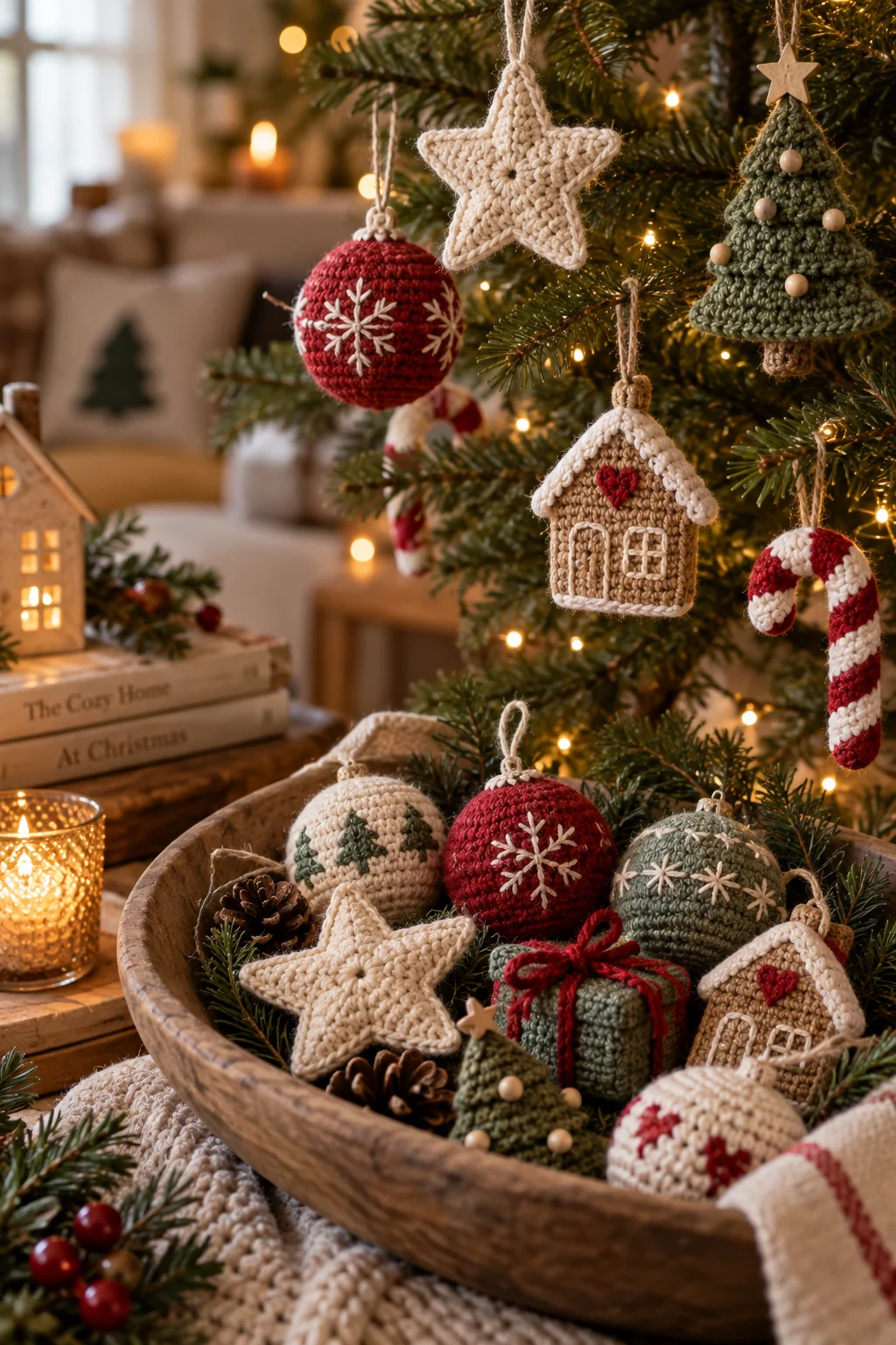 Wooden bowl of crochet Christmas ornaments — cream stars, red snowflake baubles, green trees, gingerbread houses and candy canes — beside a lit tree