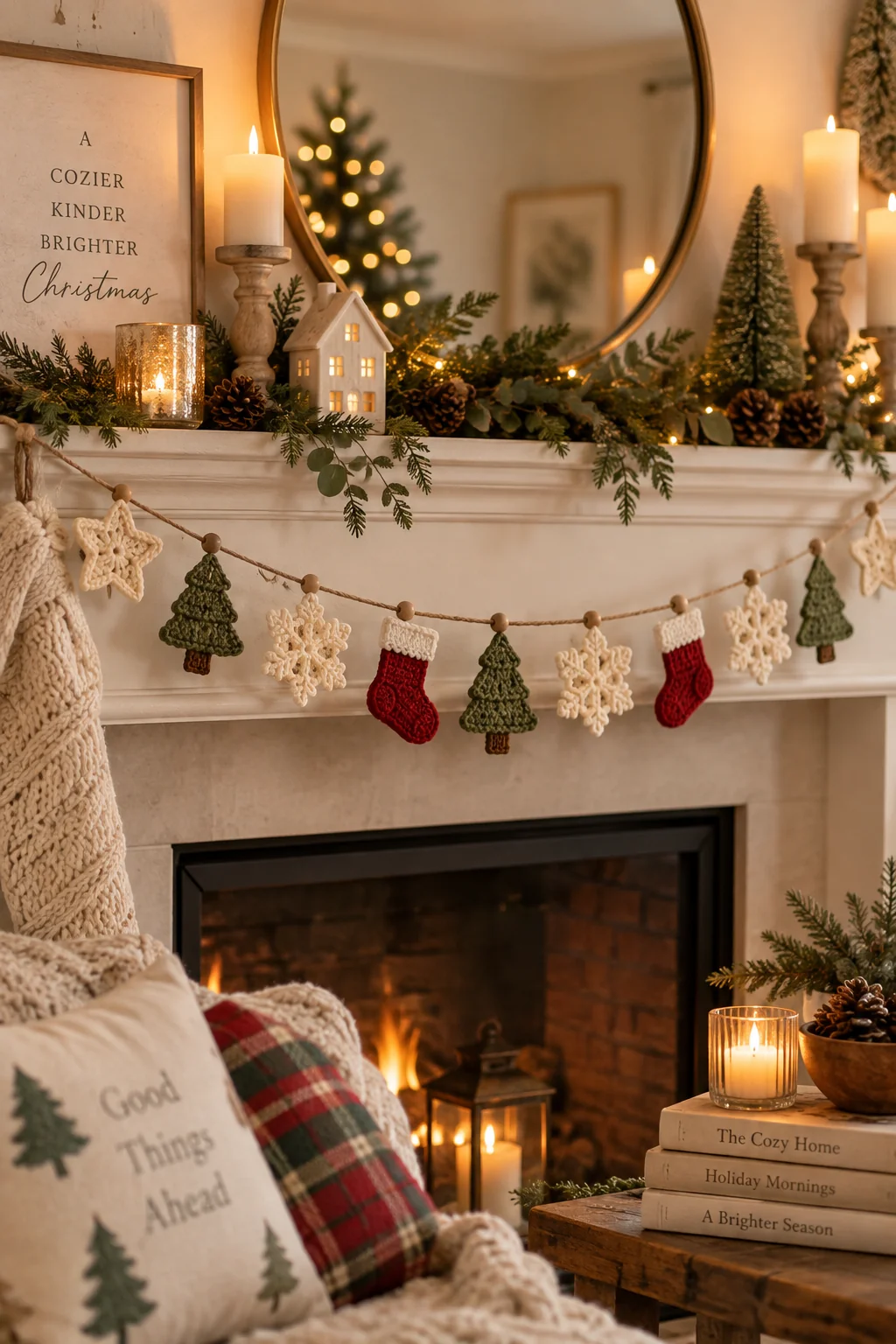 Crochet garland of mini red stockings, green trees and cream snowflakes strung on twine with wooden beads, hanging across a white mantel