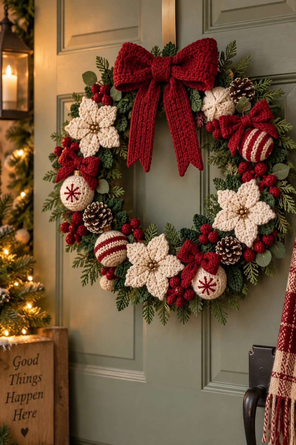 Christmas wreath decorated with cream crochet poinsettias, red knitted bows, striped baubles and pinecones, topped with a large red bow on a sage door