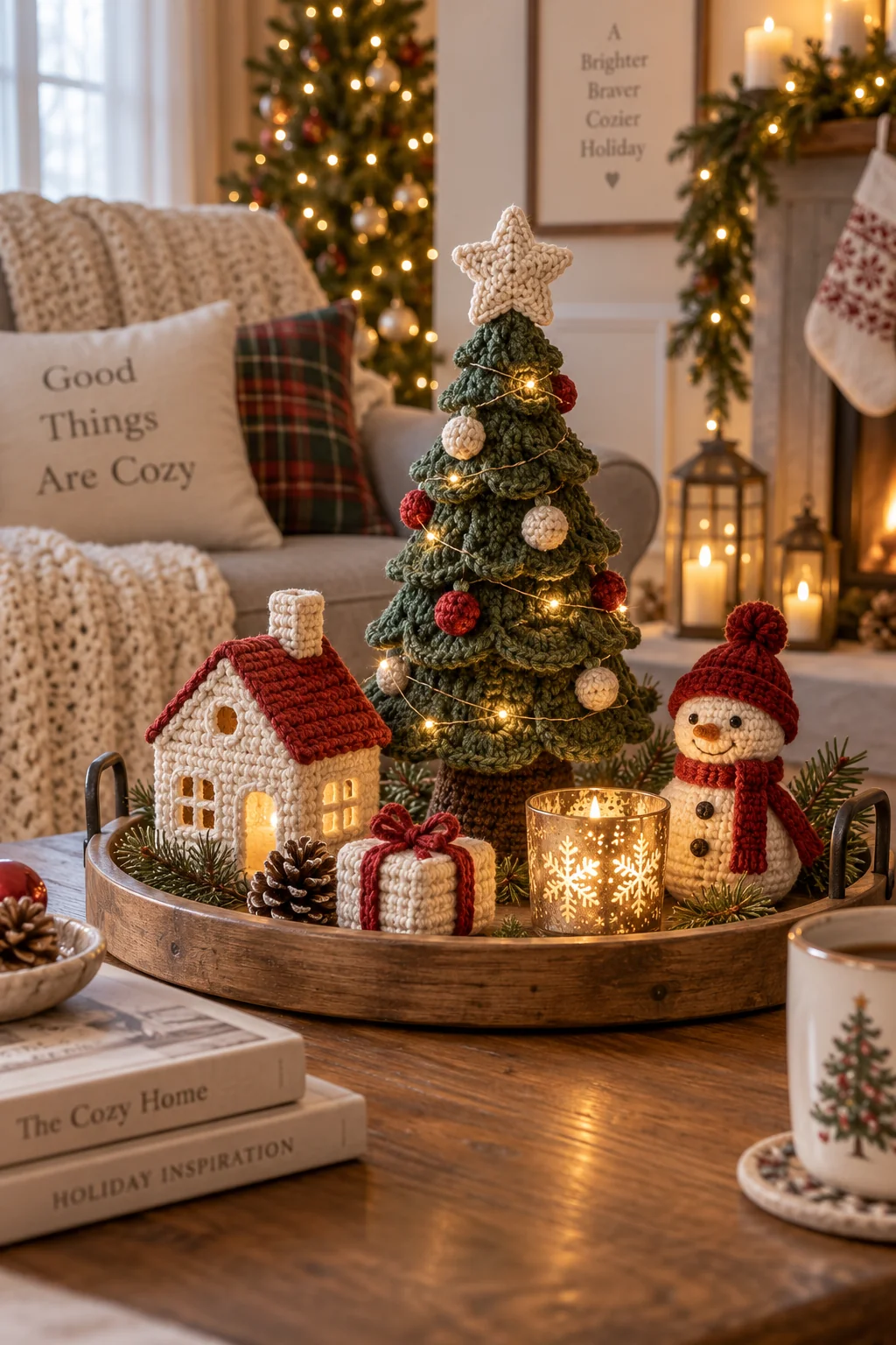 Crochet Christmas centerpiece on a wooden tray: a green tree with a star and lights, a cream cottage with red roof, a snowman in a red hat and a tiny gift, with a glowing candle