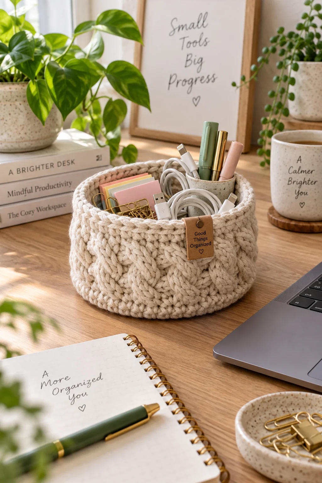 Chunky oatmeal crochet basket with a leather tag, filled with coiled cables, sticky notes and pens, on a sunny desk