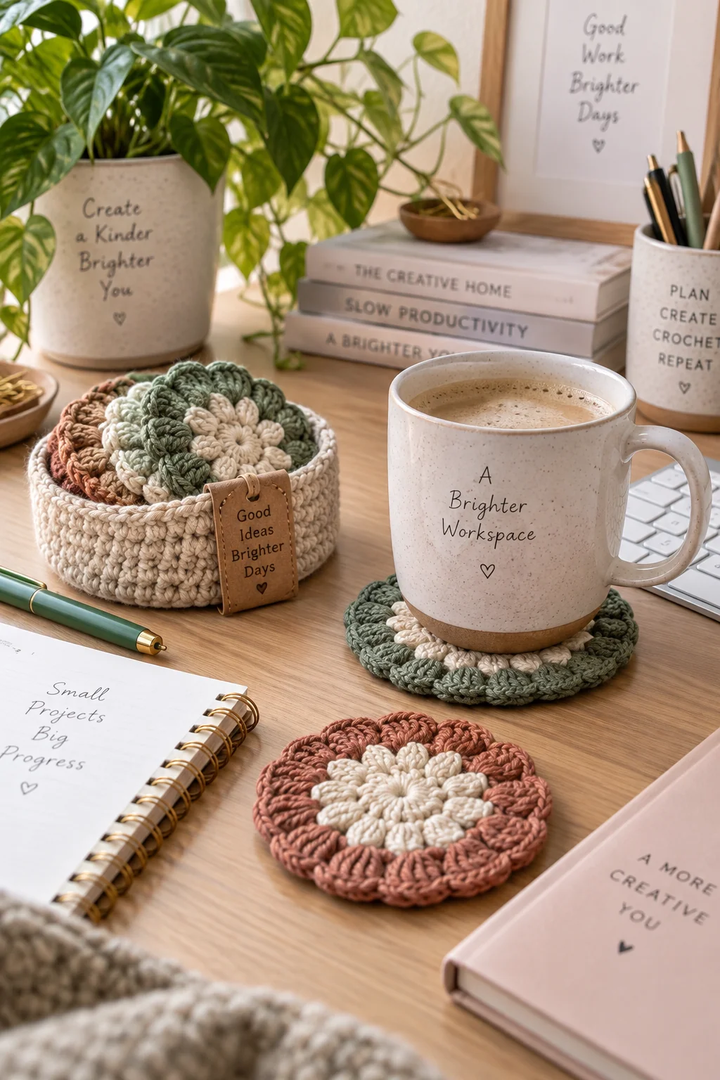 Crochet flower coasters in sage, rust and cream stacked in a small basket, with one under a coffee mug on a wooden desk