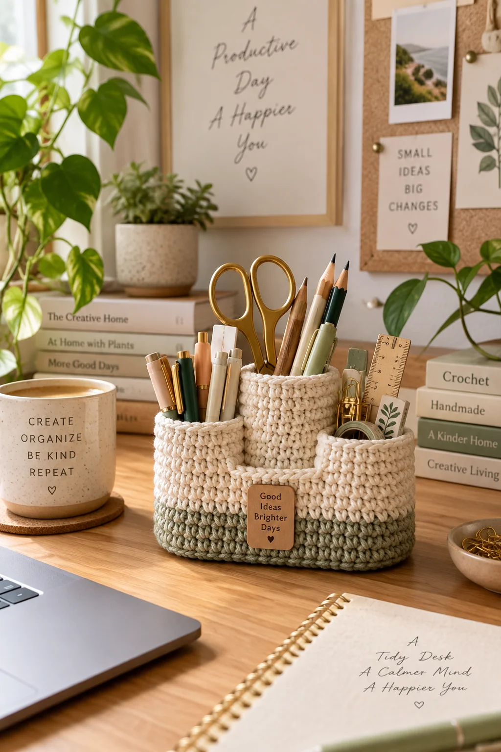 Crochet desk caddy in oatmeal with a sage base and four compartments holding scissors, pens, pencils and a ruler, with a leather tag