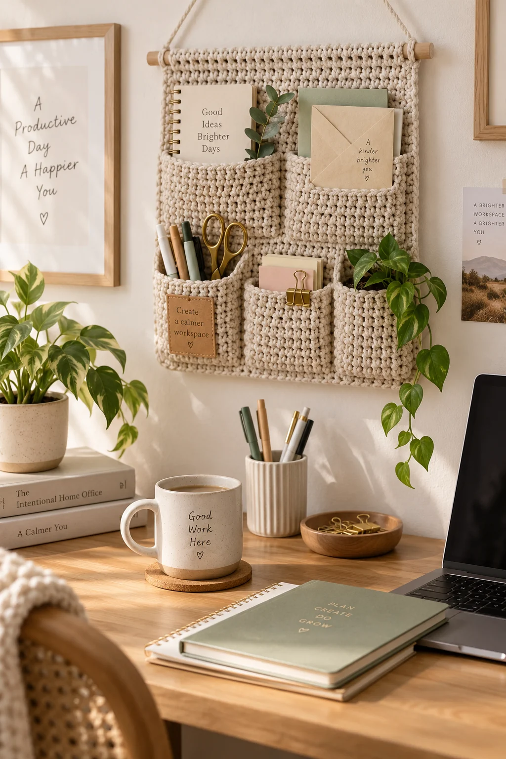 Wall-hung oatmeal crochet organizer with five pockets of different sizes holding notebooks, scissors, clips and a trailing pothos, above a wooden desk