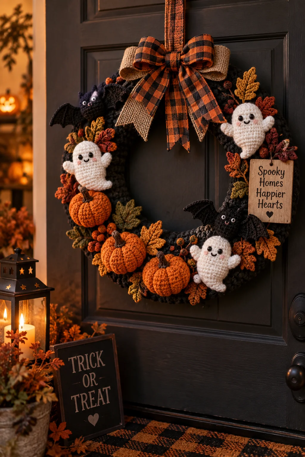 Black Halloween wreath with smiling cream ghosts, black bats, orange pumpkins, autumn leaves and an orange plaid bow, hanging on a dark door