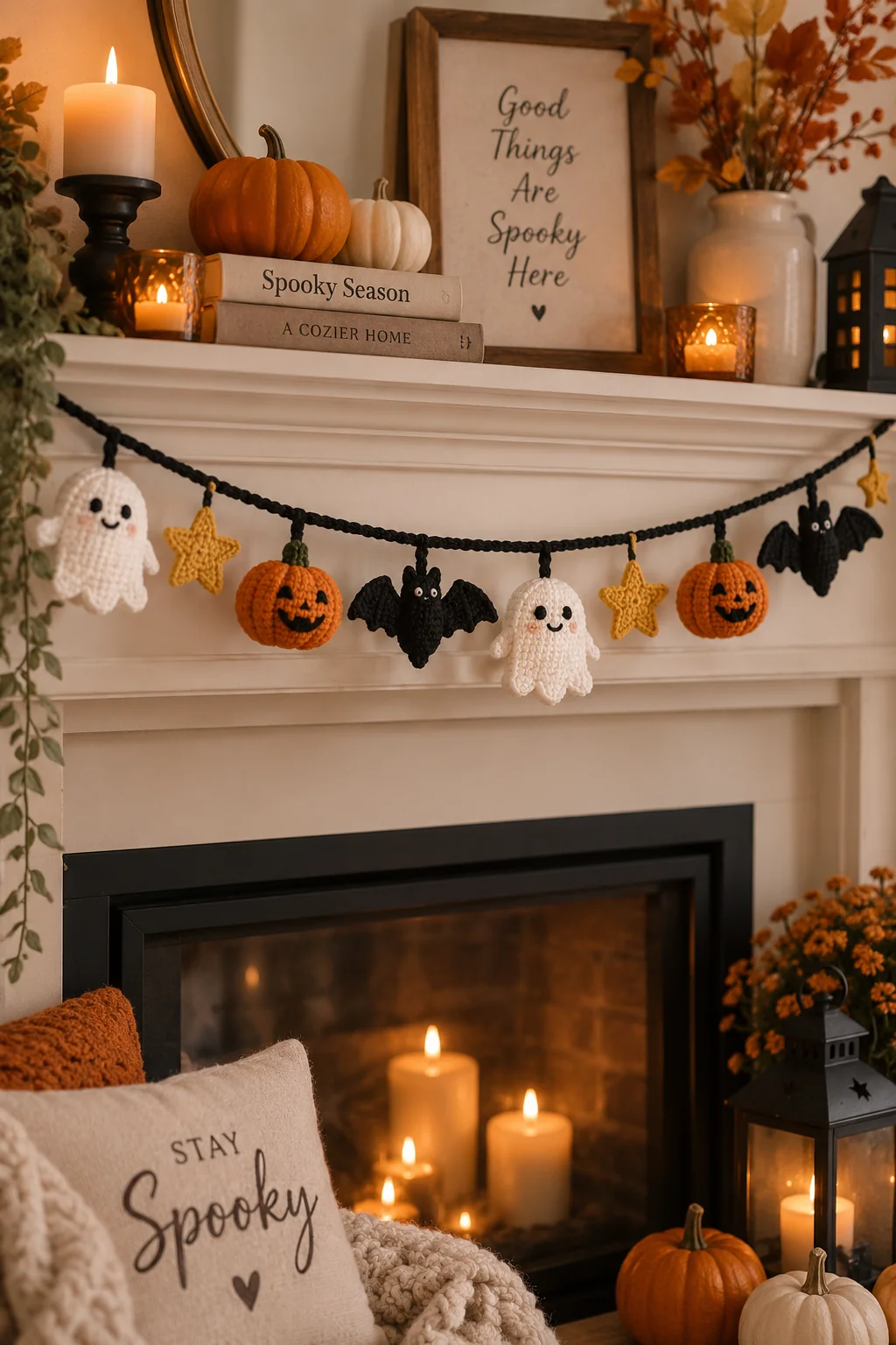 Crochet garland of mini ghosts, orange jack-o-lanterns, yellow stars and black bats strung on black cord across a white mantel with candles