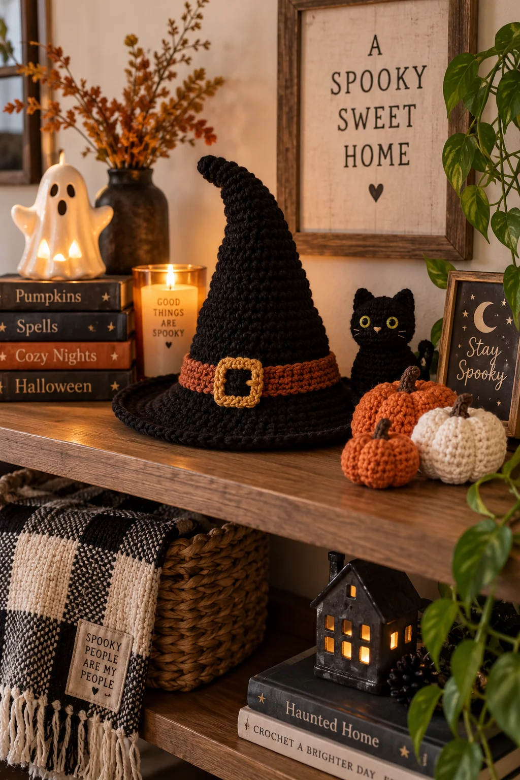 Tall black crochet witch hat with a rust band and gold buckle on a wooden shelf, beside a black cat, orange and cream pumpkins, books and a ghost lamp