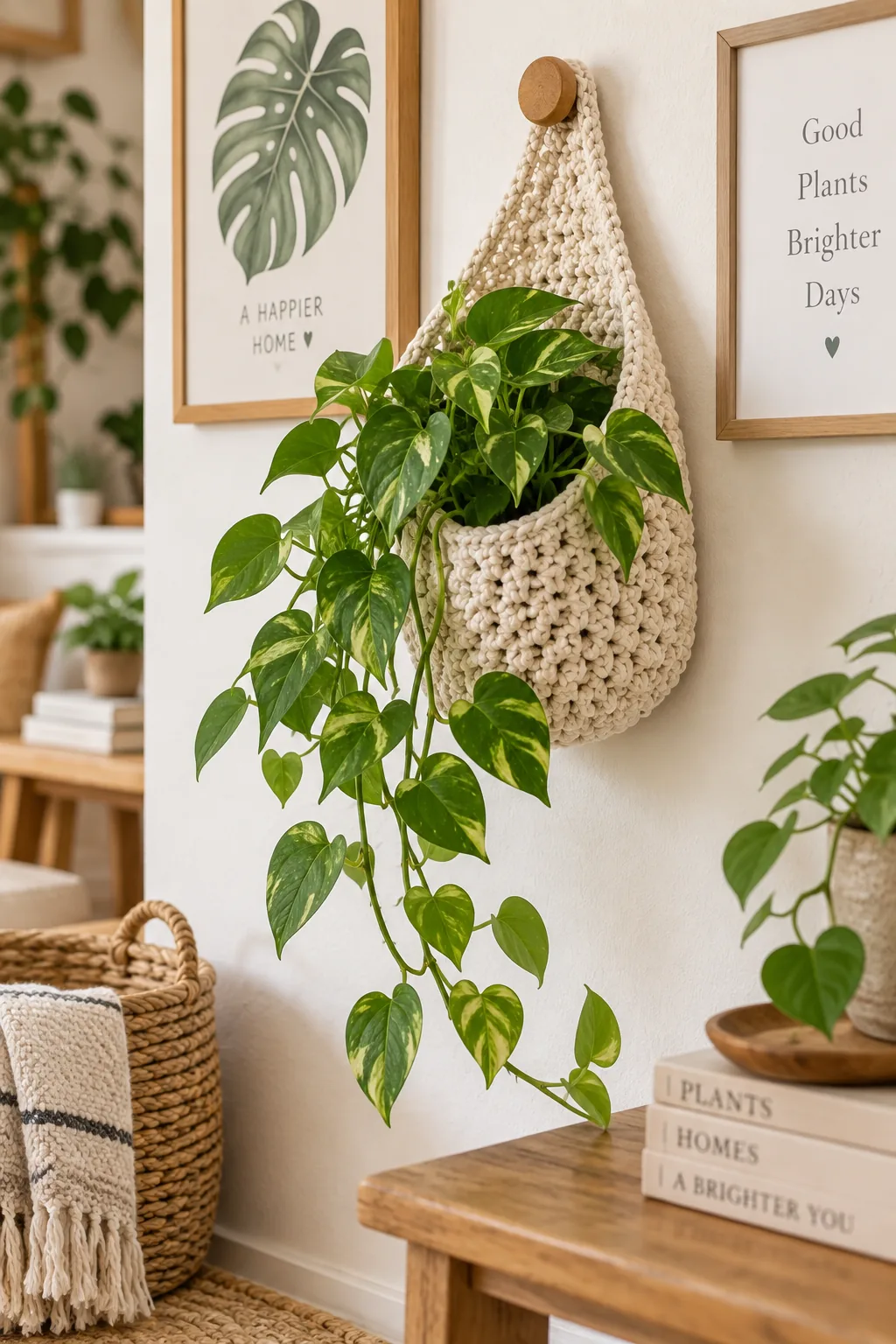 Cream crochet openwork wall pocket holding a trailing green pothos plant on a wooden wall knob