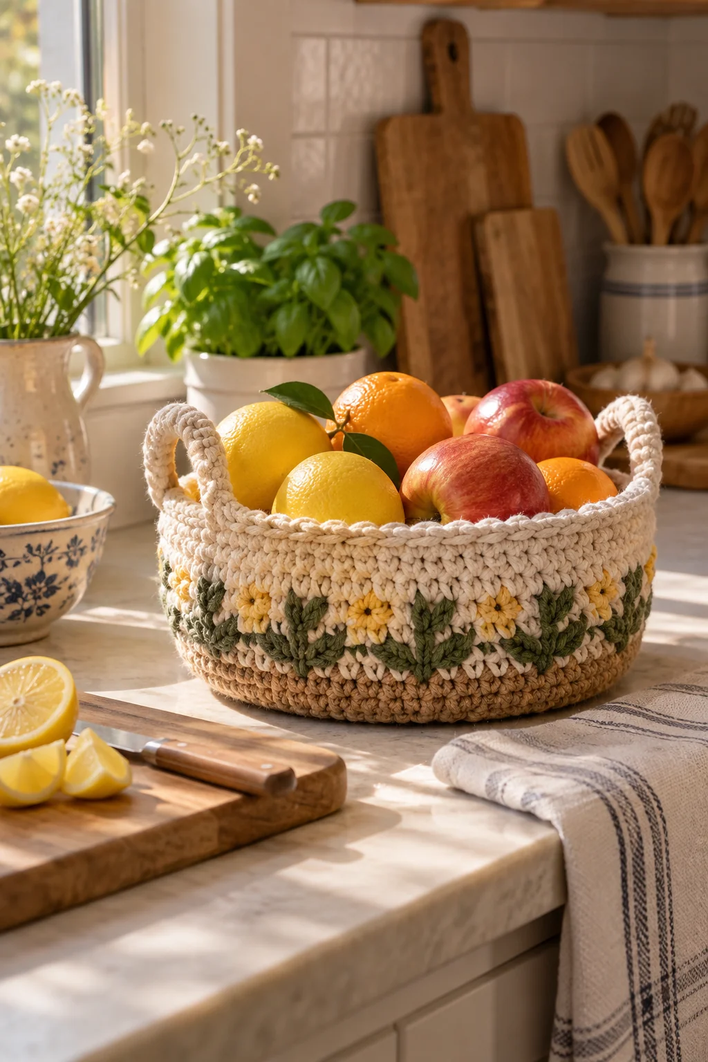 Oval cream crochet basket with a band of yellow flowers and green leaves and two handles, filled with lemons, oranges and apples on a marble counter