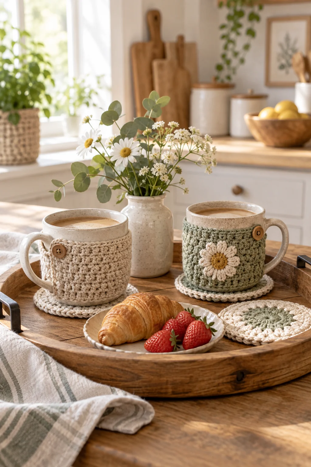 Two mugs in crochet cozies, one oatmeal and one sage with a daisy, each with a wooden button, resting on matching round coasters on a wooden tray