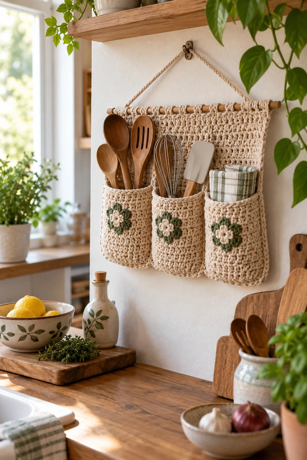Wall-hung oatmeal crochet organizer with three pockets with green flower motifs, holding wooden spoons, a whisk and a folded checkered towel