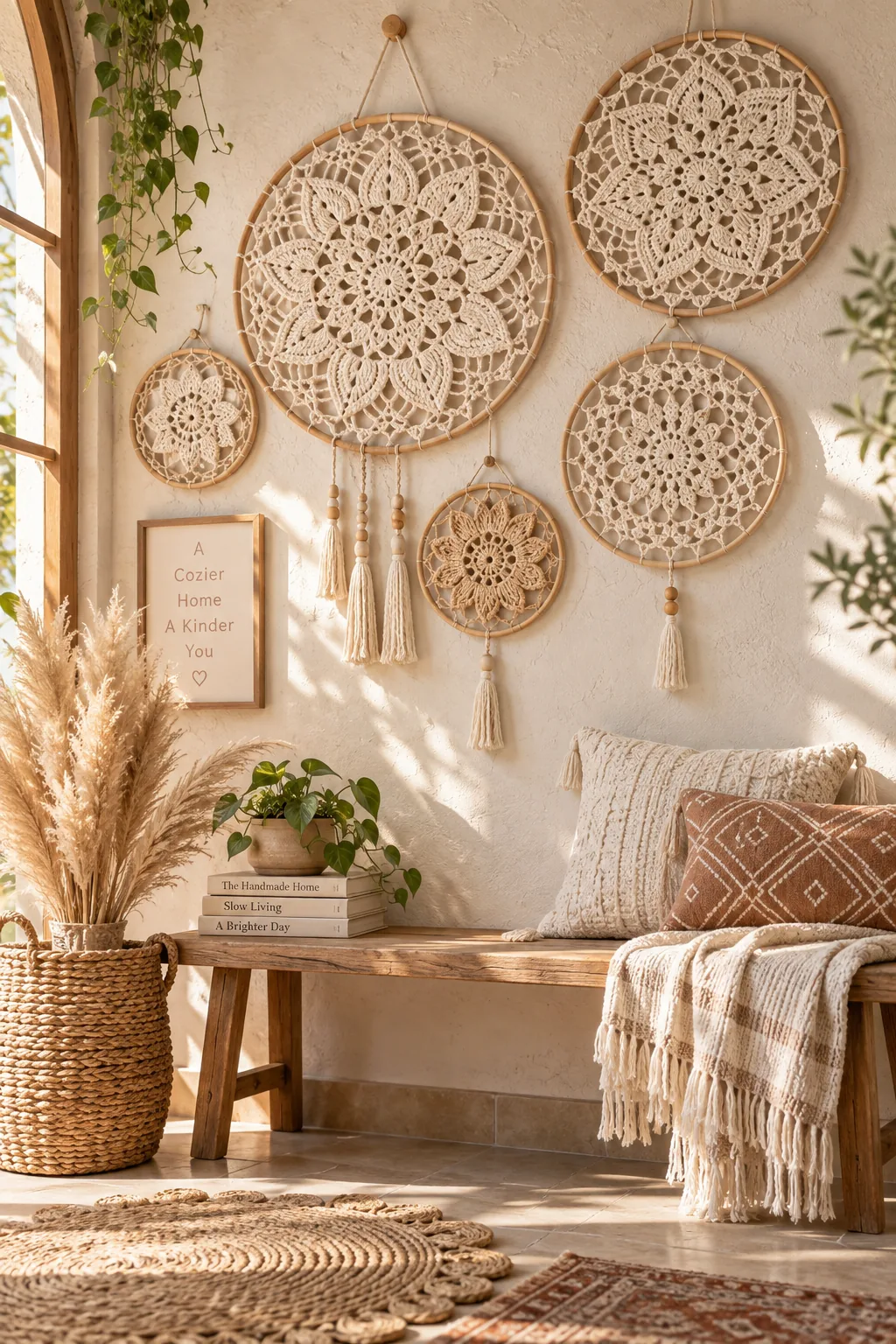 Collection of cream crochet lace mandalas in wooden hoops of different sizes arranged on a boho wall