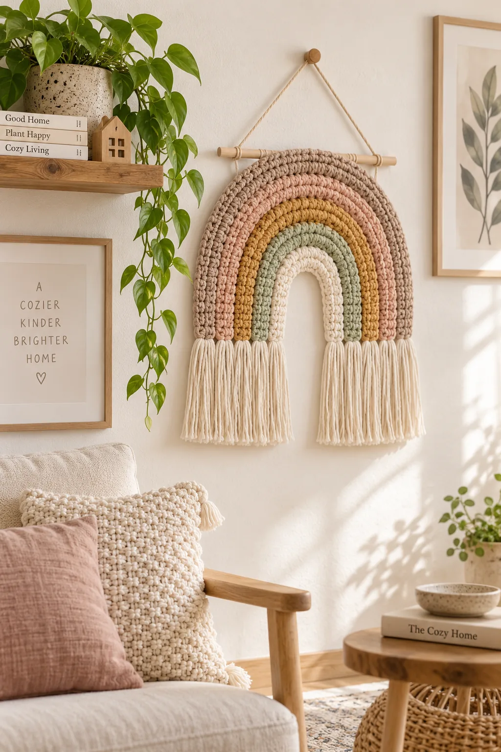 Crochet rainbow wall hanging in muted pastel arches with long cream fringe hanging over an armchair