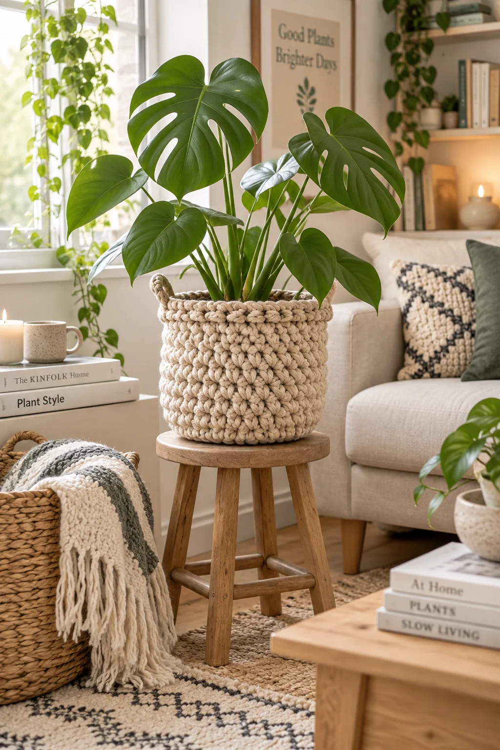 Chunky beige crochet basket with handles holding a large monstera plant, set on a wooden stool in a cozy living room