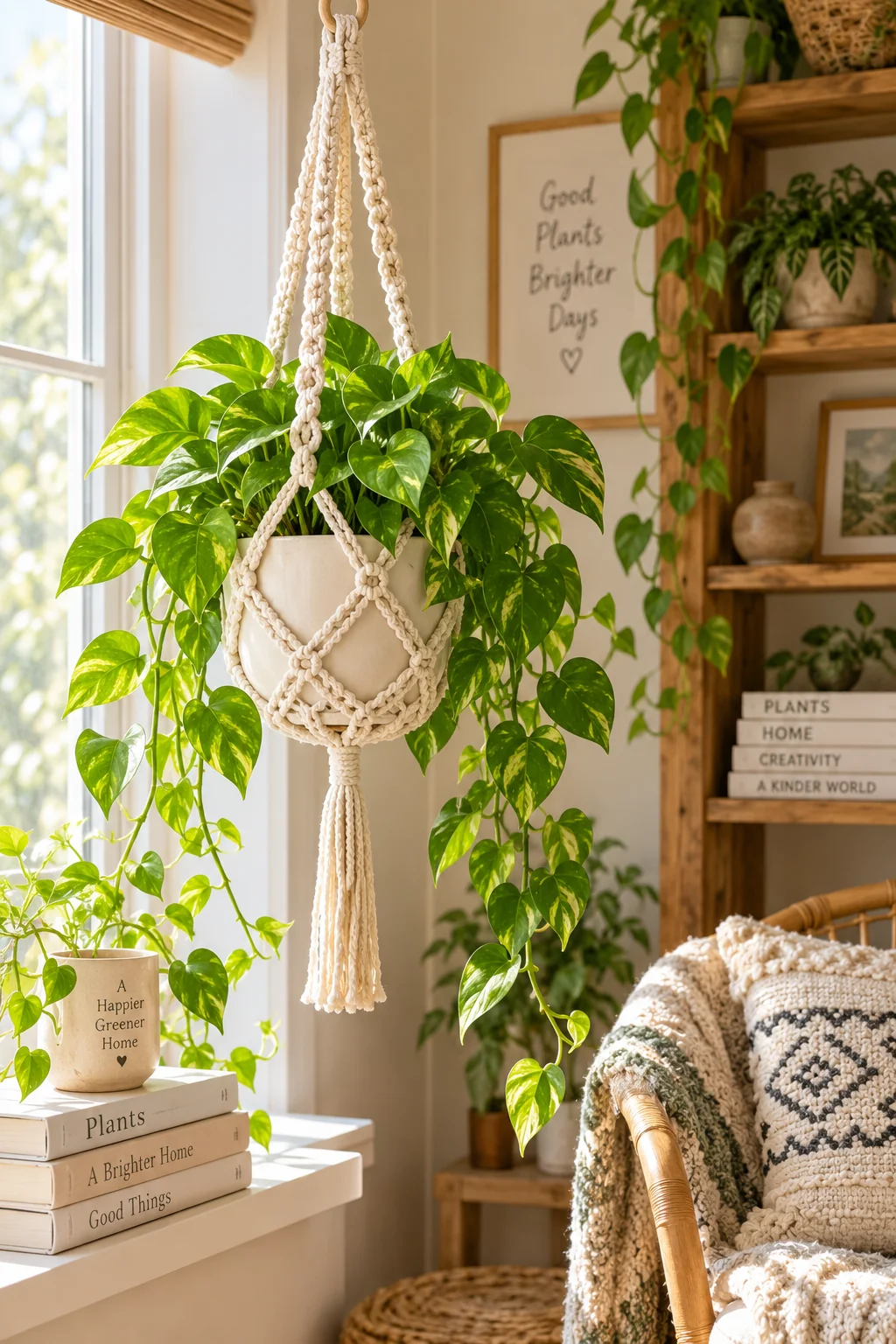 Cream knotted macrame-style plant hanger with diamond patterns and a tassel, holding a white pot with trailing golden pothos