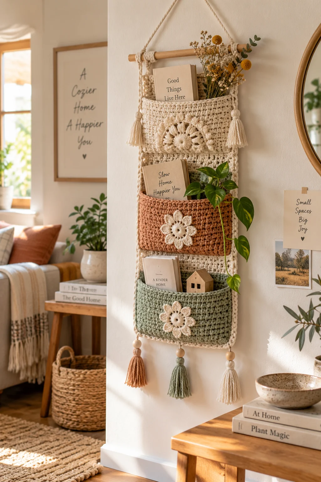 Wall-hung crochet organizer with three pockets in cream, terracotta and sage with flower appliques and tassels, holding cards, dried flowers and a trailing plant
