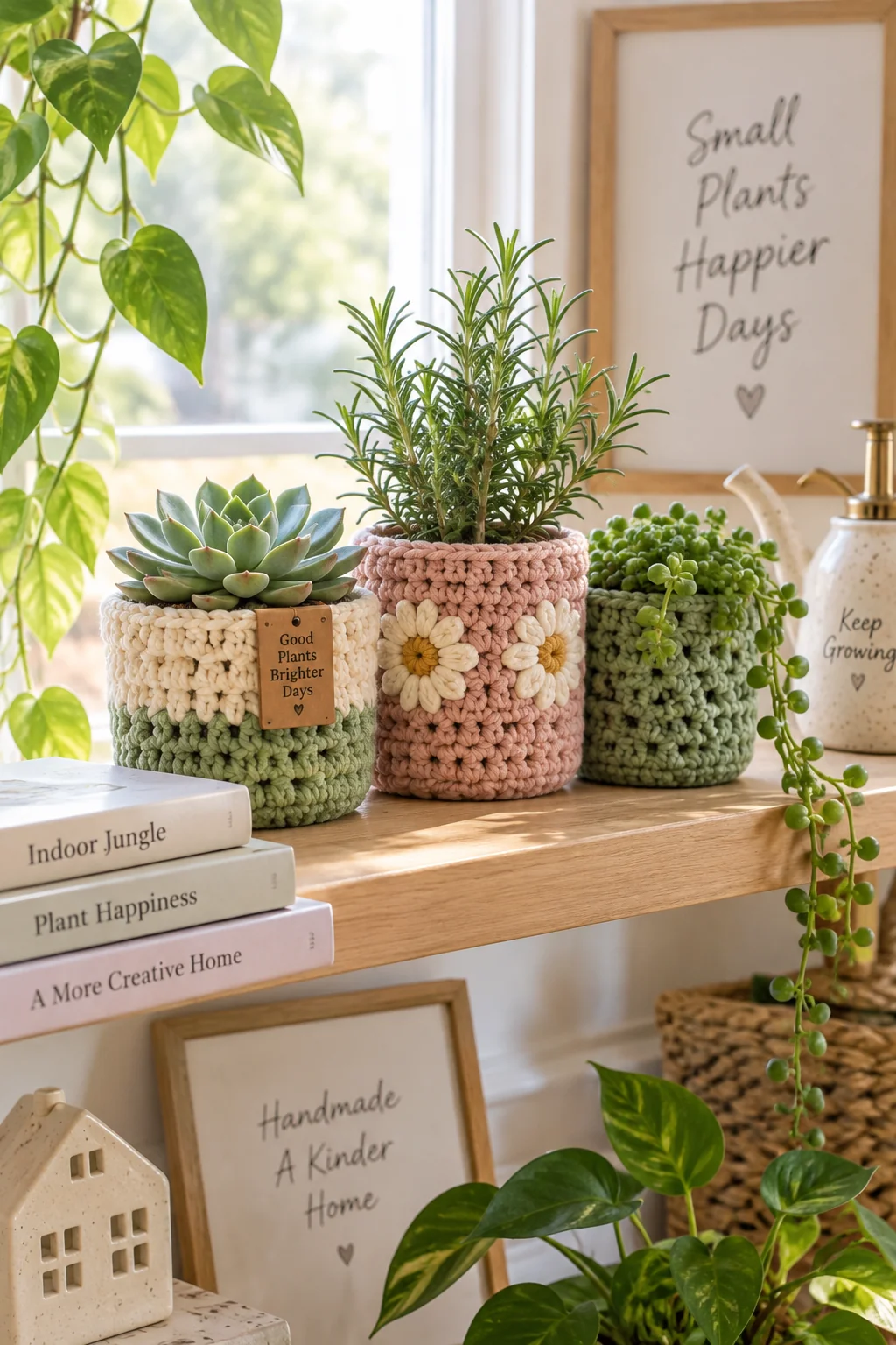 Three small crochet plant pot cozies in cream-green, pink with daisies and green, holding a succulent, rosemary and string of pearls on a sunny windowsill