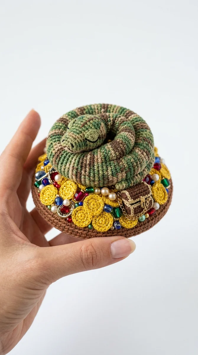 Illustrative AI concept image of a crochet python sleeping on a treasure chest