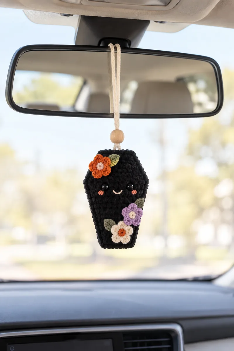 AI concept of a smiling black crochet coffin with orange, purple and cream flowers