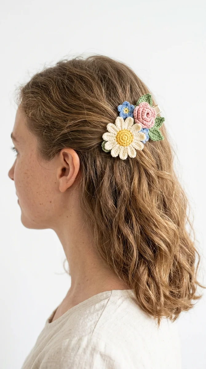 Illustrative AI concept image of a flat flower crochet hair clip
