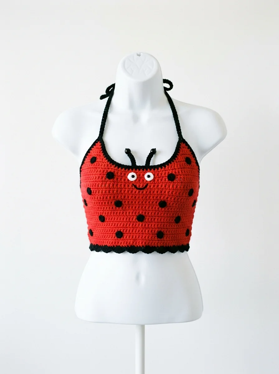 Illustrative AI concept image of a red ladybug crochet crop top with black spots