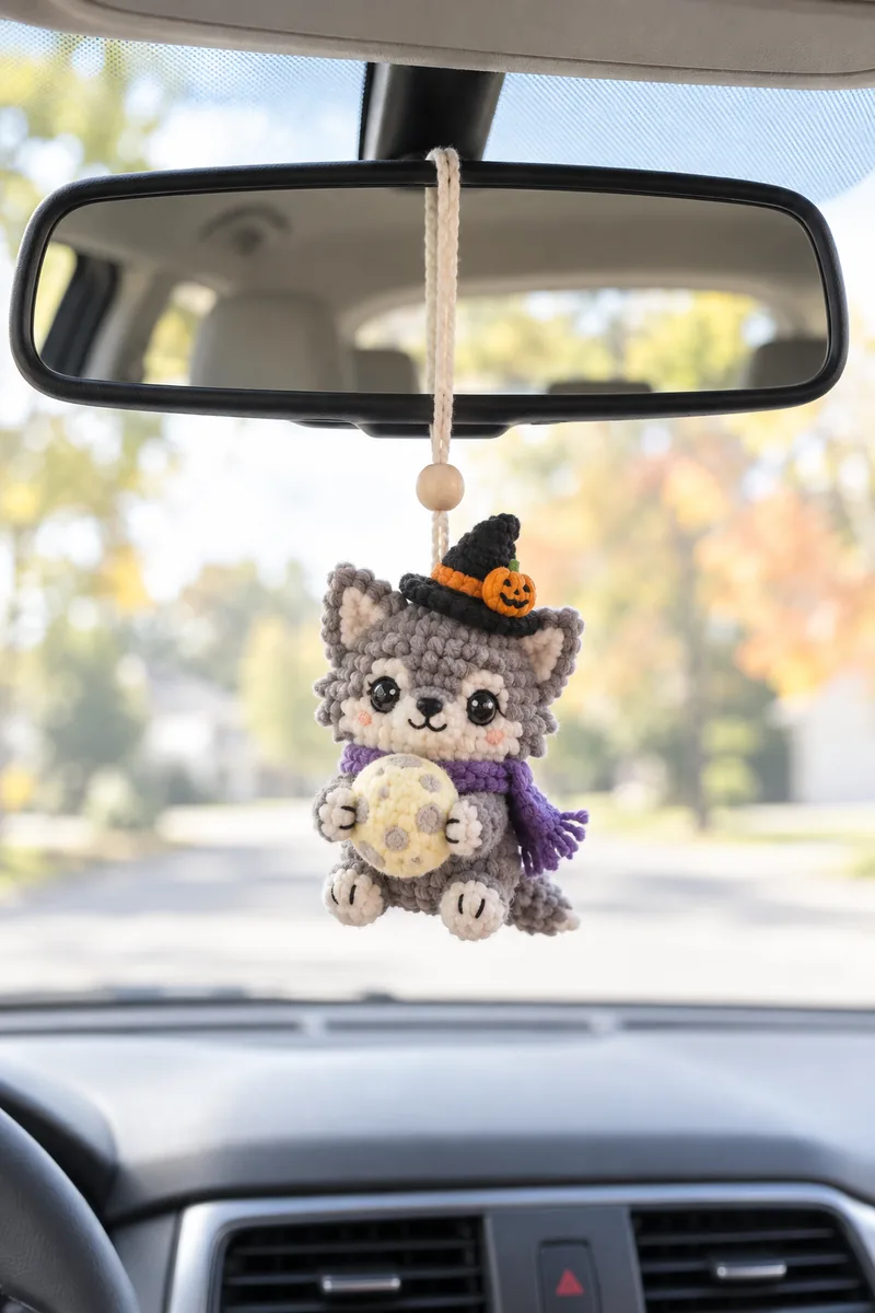 AI concept of a gray crochet wolf holding a pale moon and wearing a witch hat